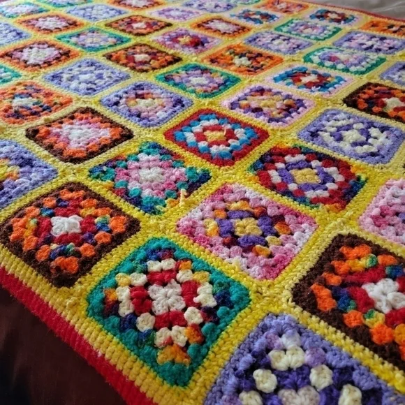 Vintage Granny Square Afghan Throw Blanket Rainbow Multi color Boho Handmade - Picture 10 of 14